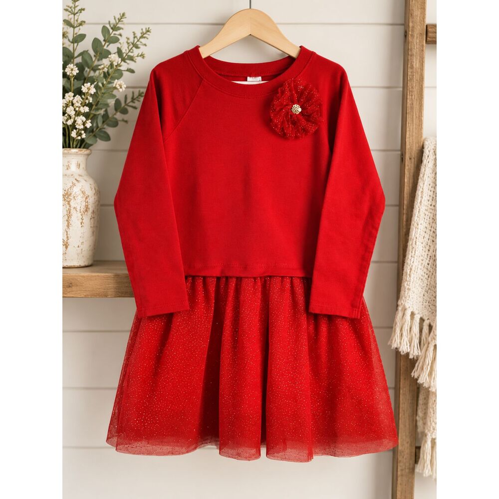 CARTER'S Red Bow Cotton Holiday Long Sleeve Tulle Skirt Girls 6 / 6X Dress